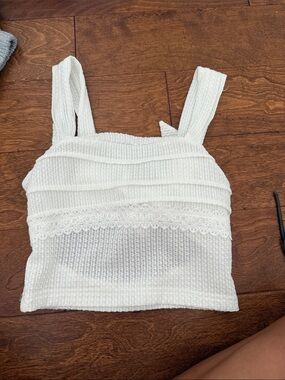 SHEIN White Waffle Knit Lace-Trim Crop Top